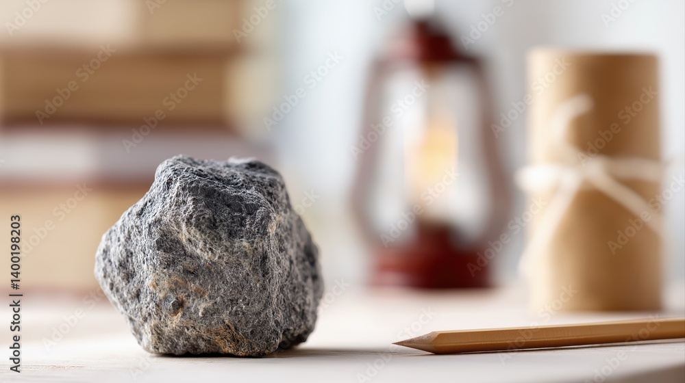 Poster close-up of solid rock on table with lantern, books, and rolled paper in soft focus background