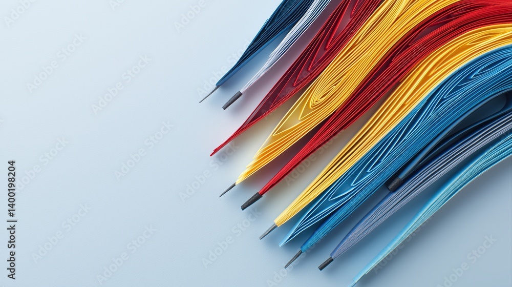 Poster colorful abstract lines flowing in dynamic patterns on a soft blue surface in artistic arrangement
