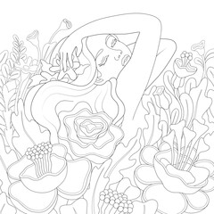 Dreamy Woman Surrounded by Vibrant Flowers