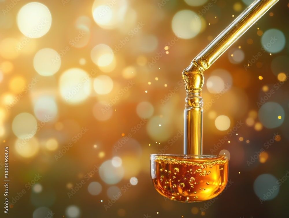 Aufkleber golden liquid flowing from glass pipette into a small cup with bokeh background and warm light creat