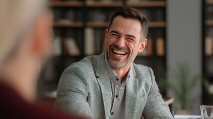 Businessman in Grey Suit Laughing During Meeting in Modern Office