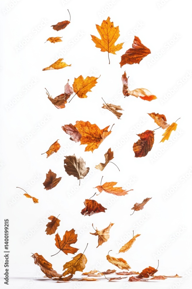 Poster captivating autumnal cascade of deciduous leaves falling gracefully against a clean white backdrop i