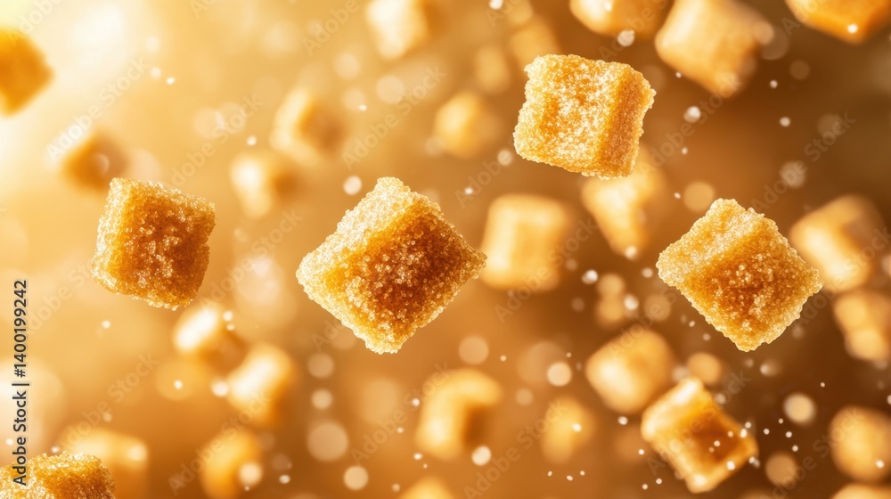 Poster macro shot of brown sugar cubes floating in air with golden light creating a warm and inviting mood 