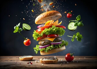 Exquisite Burger Composition: An artistic display of a gourmet burger, featuring layers of fresh ingredients floating above a wooden surface, showcasing culinary creativity.