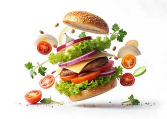 Burger Explosion, burger explodes with fresh on white background.