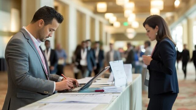 Businessman signing in at conference registration desk