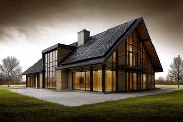 Obraz premium Modern black cabin house in rural open landscape captured in late sunlight emphasizing contemporary residential design natural material harmony and countryside architecture