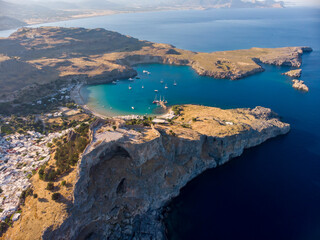 Aerial viev of Rhodes Greece, top view of bay with turquise sea water boats and beach