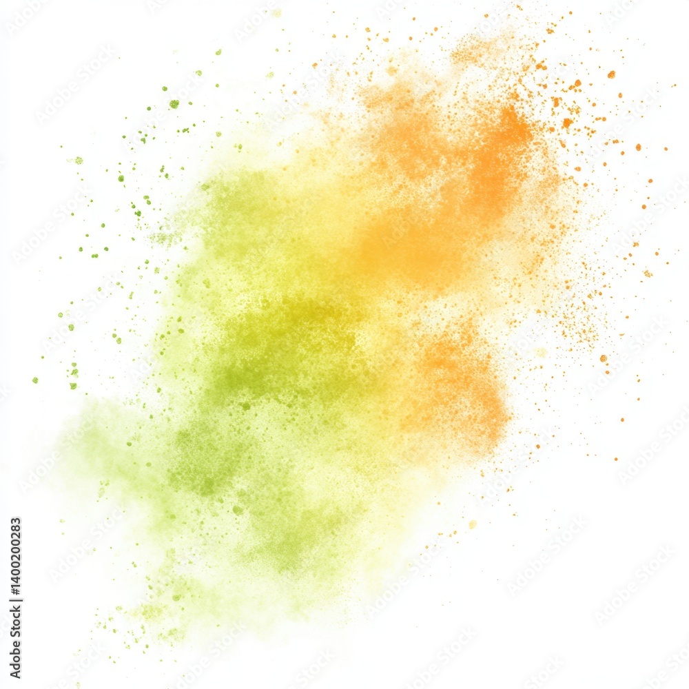 Aufkleber vibrant explosion of green and orange powder paint against white backdrop creating a dynamic and art