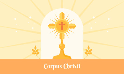 Corpus Christi Catholic Religious Celebration Festival with Eucharist and Religious Symbols Flat Illustration.