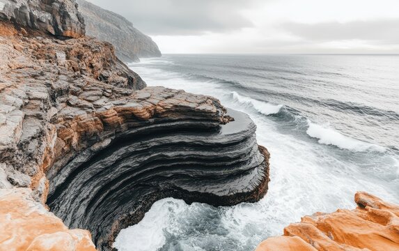Large rock formation stands majestically on the ocean shore, showcasing nature's beauty.