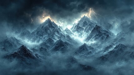 Dramatic Mountain Range Under Stormy Skies with Lightning Strikes in Misty Blue Grey Tones