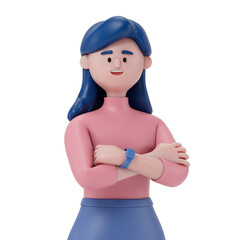 A woman with arms crossed, symbolizing confidence or self-assuredness. 3d rendering, conceptual image. Isolated on white background.
