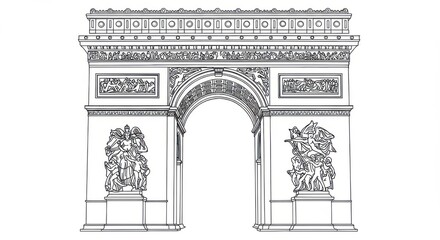 Line Illustration of the Arc de Triomphe with Classical Ornament Details