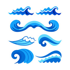 Waves of sea or ocean waves, blue water, splash and gale, vector illustration