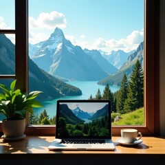 Cozy workspace with laptop and coffee overlooking serene mountain range, hills, mug, view