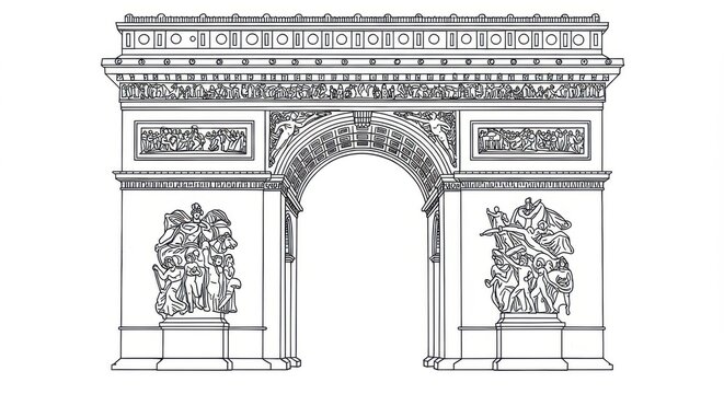 Line Illustration of the Arc de Triomphe with Classical Ornament Details