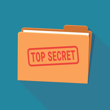 Orange folder with a red "TOP SECRET" marking half open containing pages of paperin flat design style on blue background with long shadow
