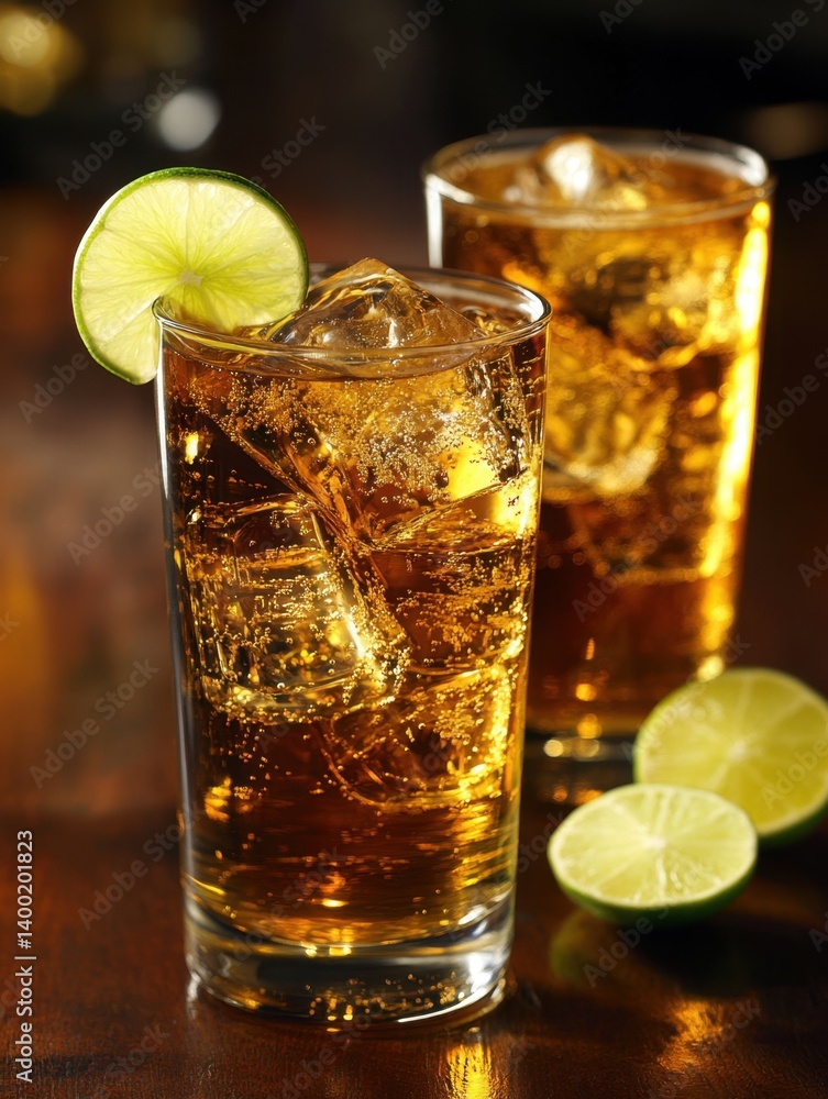 Poster refreshing amber cocktail with ice cubes and lime slice on a wooden table in a dimly lit bar setting