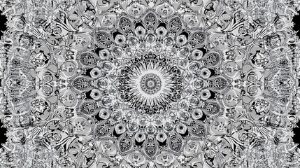 A detailed black and white illustration of a mandala, showcasing intricate patterns and designs.