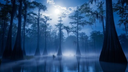 Naklejka premium Misty cypress swamp at night under a full moon
