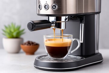 A shot of espresso dripping into a small cup from a professional machine