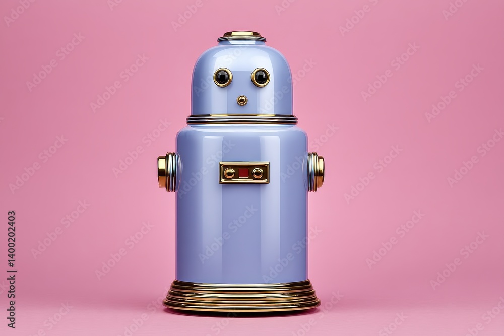 Poster blue and silver retro style robot toy figure standing on soft pink background representing nostalgic