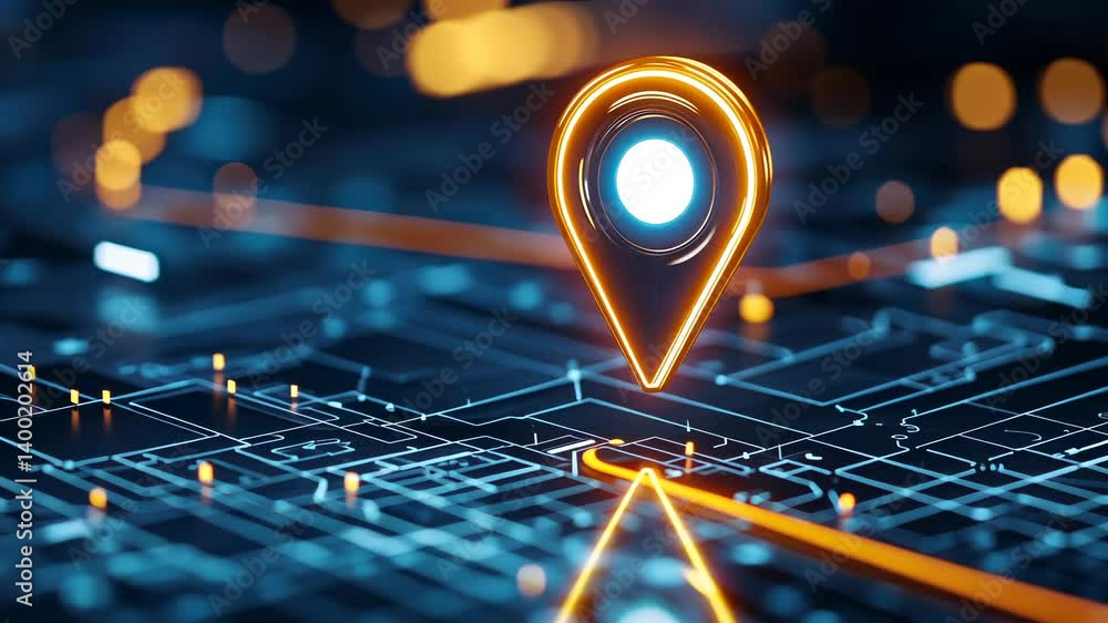 Poster luminous gps map location marker floating navigation high tech circuitry neon background, abstract r