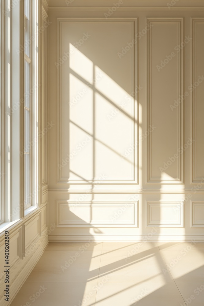 Poster sunlight streaming through window illuminating creamy wall panels in elegant interior design studio 