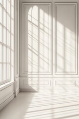 Fototapeta premium Elegant White Room with Sunlight Streaming Through Window Creating Shadow Patterns on Wall Interior
