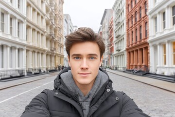 Obraz premium A street selfie with busy city life in the background