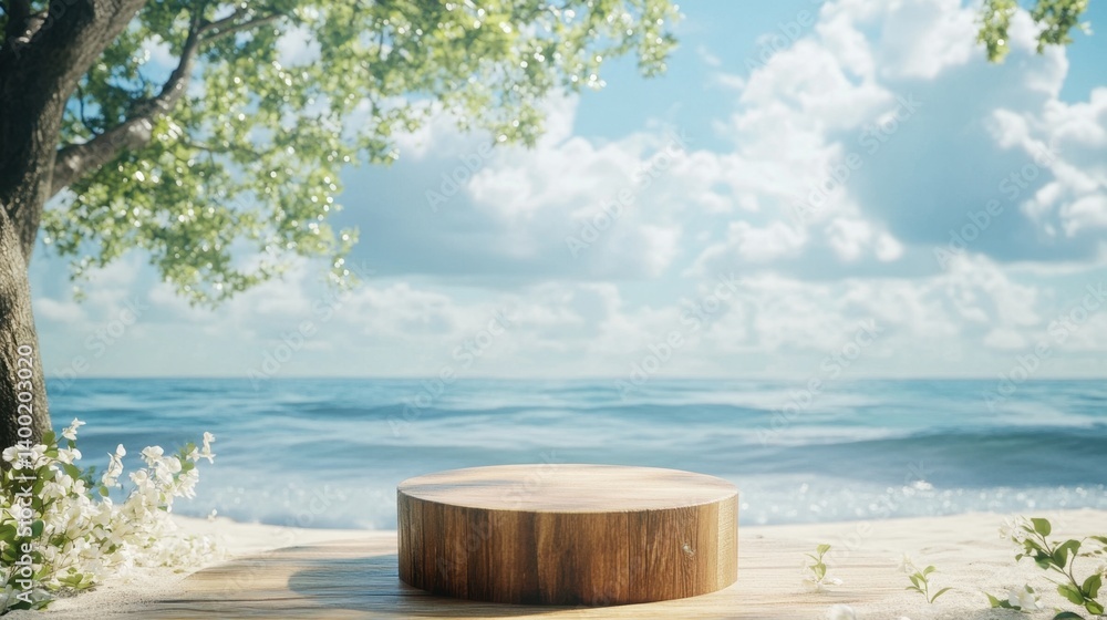 Poster serene beach scene with wooden podium for product display under a tree against a tranquil ocean back