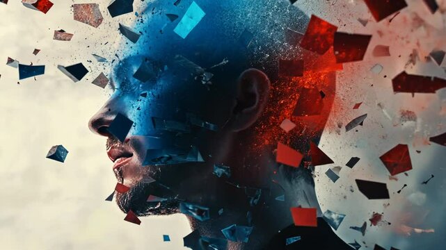 Man's mind exploding with colorful fragments