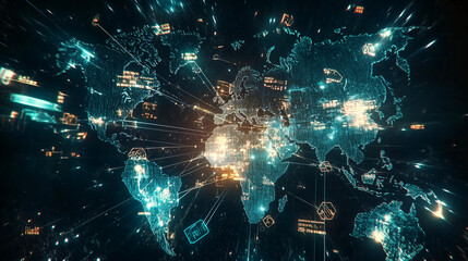 Futuristic Digital Global Network with Cybersecurity Data Visualization.