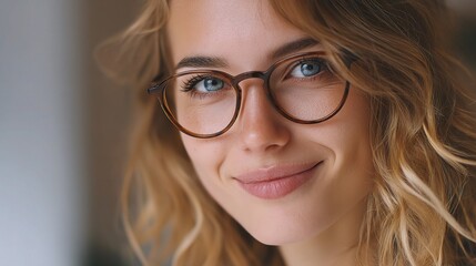 Obraz premium Bright-eyed woman in eyeglasses smiling kindly and radiating warmth