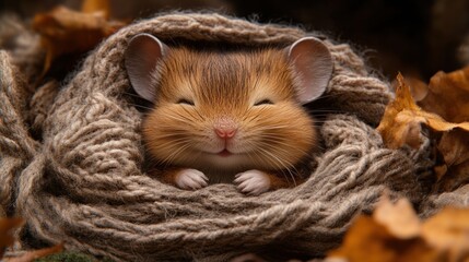 Adorable Sleeping Mouse in Cozy Knit Scarf Surrounded by Autumn Leaves