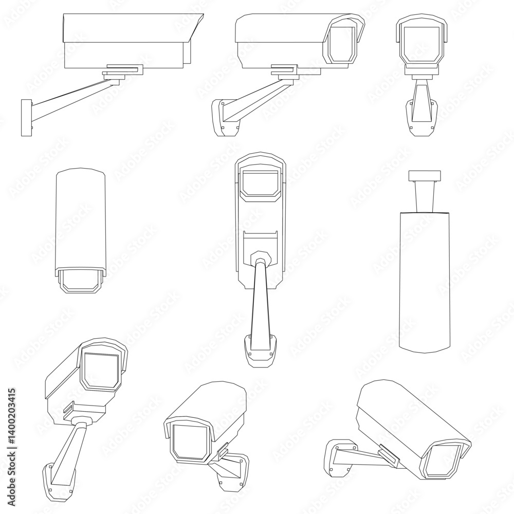 Poster a series of drawings of security cameras. the drawings are all in black and white. the first camera 
