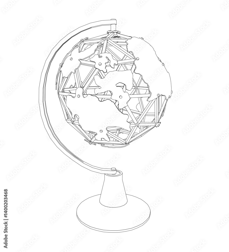 Poster a globe is shown in a black and white drawing. the globe is made of metal and has a stand. the globe