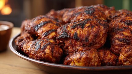 Crispy grilled chicken thighs with roasted skin and smoky char in flavorful dinner setting with vegetables and savory sauce in warm indoor lighting food photo