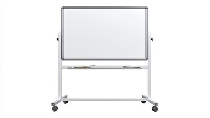 Blank whiteboard on wheels with metal frame and marker tray isolated on white background