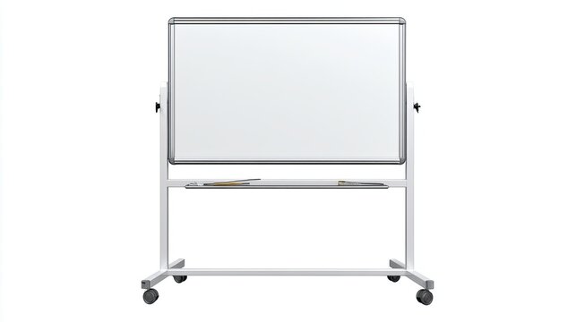 Blank whiteboard on wheels with metal frame and marker tray isolated on white background