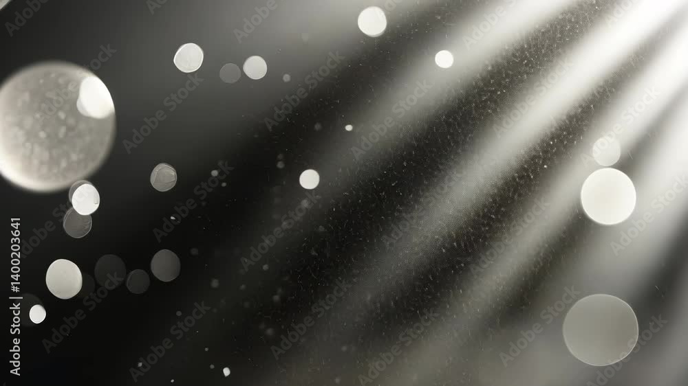 Poster light beams illuminating a sparkling surface and background with falling glitter particles, creating