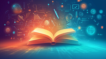 Futuristic Education Concept with Glowing Open Book and Digital Data.
