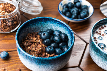 Granola with chocolate, nuts and fresh blueberries. Healthy and simple breakfast.