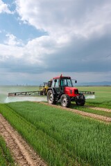 Obraz premium Red tractor spraying green crop field under cloudy sky in rural agricultural landscape