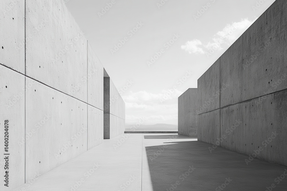 Poster minimalist concrete architecture with geometric walls under bright sky creating a serene modern land