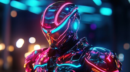 armored robot illuminated by neon cyan and magenta lights, suitable for sci-fi games