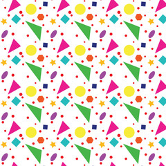 Repeated geometric shapes in bright colors can be used as fabric patterns and backgrounds.