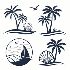 Silhouette Beach Scene Vector Set Palm Trees Seashells Sailboat Birds Tropical Vacation Design Elements Icons Clipart Nautical Summer Holiday Beach Theme Graphics Illustrations