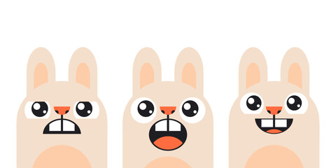 Cute cartoon bunnies with funny faces and different emotions. Vector flat illustration isolated on white background.